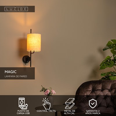 Lucide MAGIC - Lámpara de pared - 1xE27 - Con punto de carga USB - Negro
